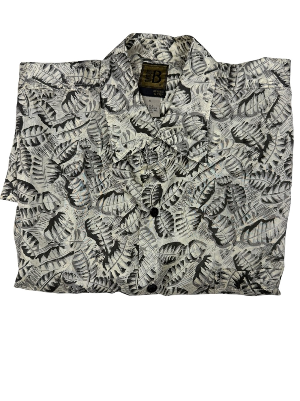 Men's Casual Button-Down Shirt - Tropical Leaf Print in White/Black